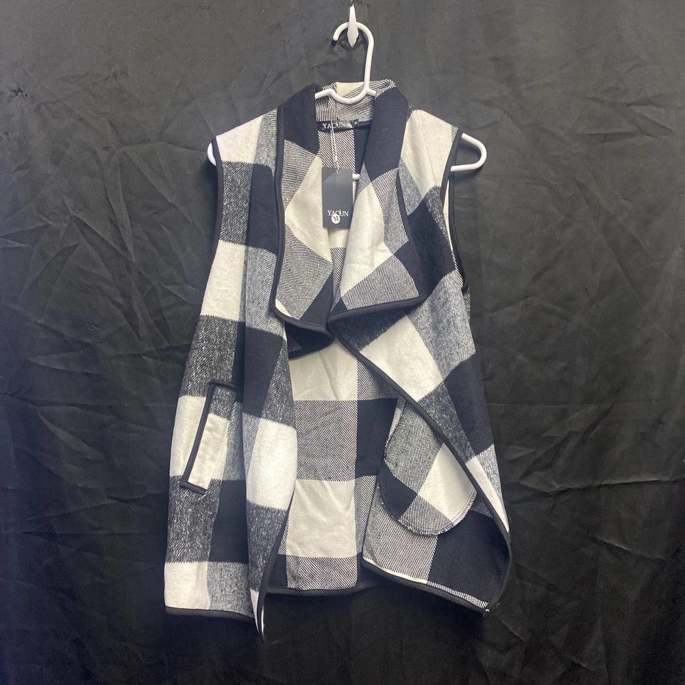 YACUN Women Vest Lapel Open Front Buffalo Plaid Sleeveless Cardigan Jacket Coat